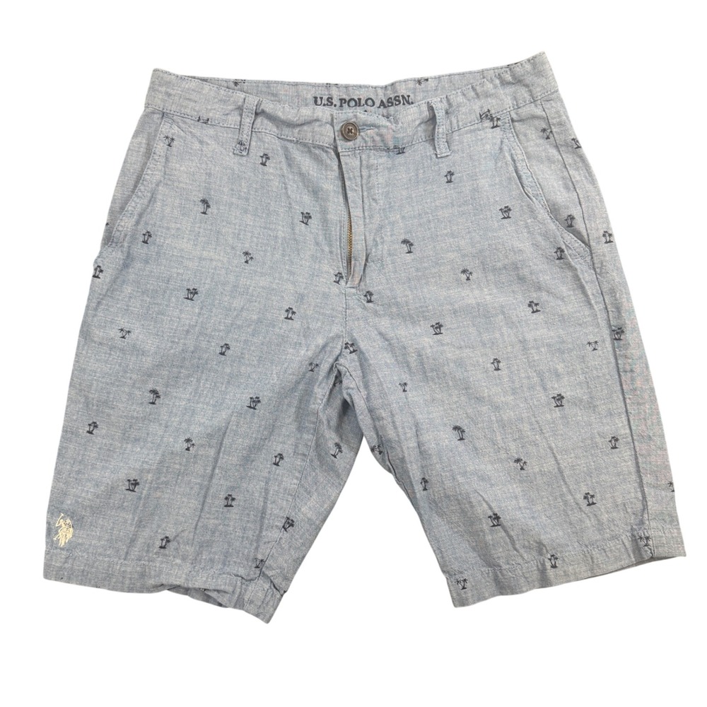 US Polo Assn Mens 32 Blue Palm Tree Embroidered Cotton Chambray‎ Shorts 11A871